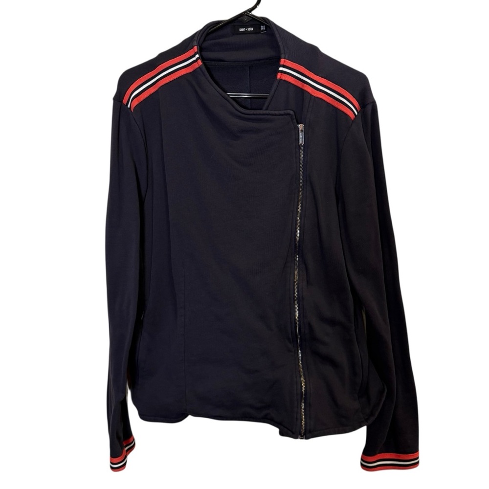 Saint & Sophia Cotton Biker Jacket, Navy with Red stripe